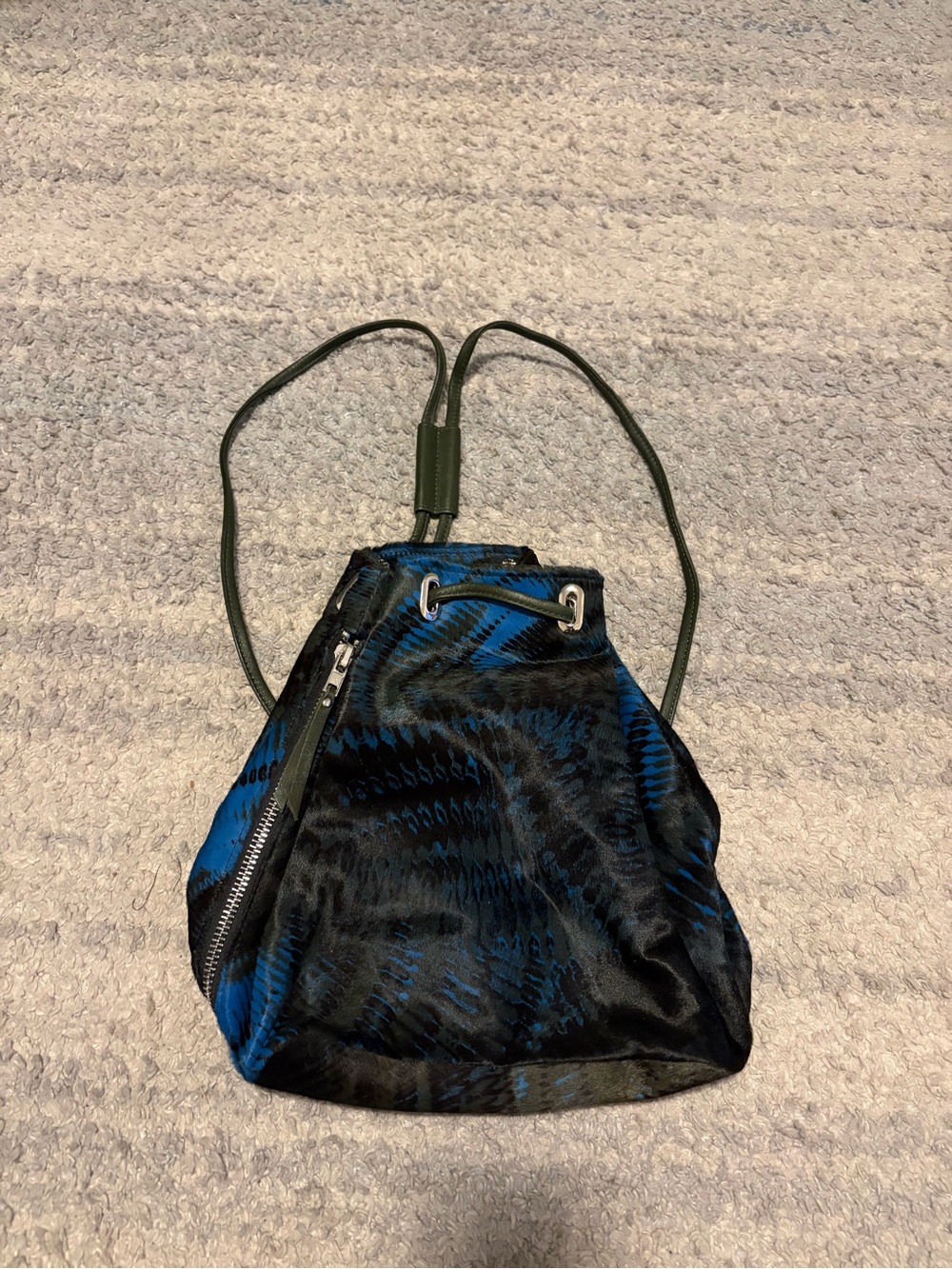 Simone Camille Black Blue Printed Calf Hair Drawstring Backpack Bag Cinch Sack S